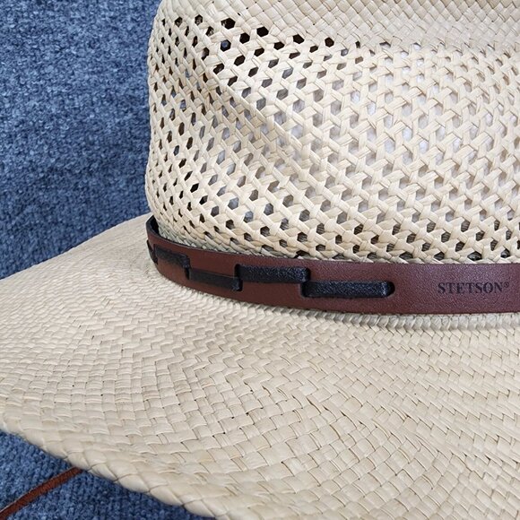 STETSON Airway Natural Straw Vented Panama Safari Hat Large Chin Strap Travel - Picture 4 of 16